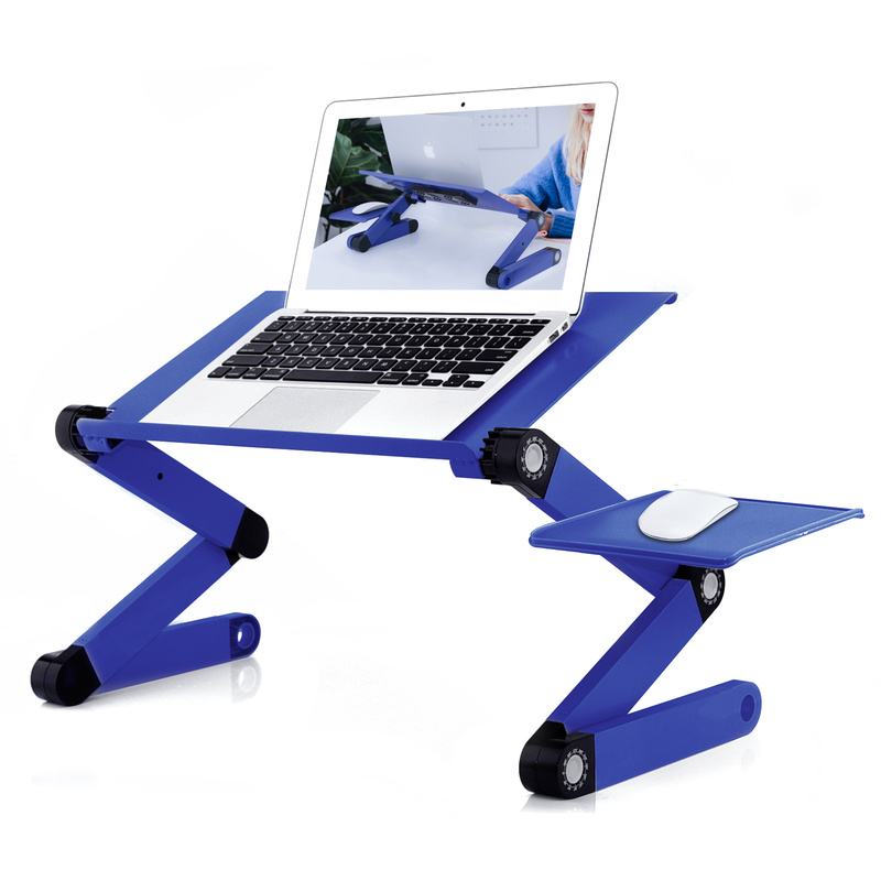 

New Office Artifact Adjustable Simple Design Aluminum Alloy Folding Laptop Desk Stand Bed Table Double Fan Blue