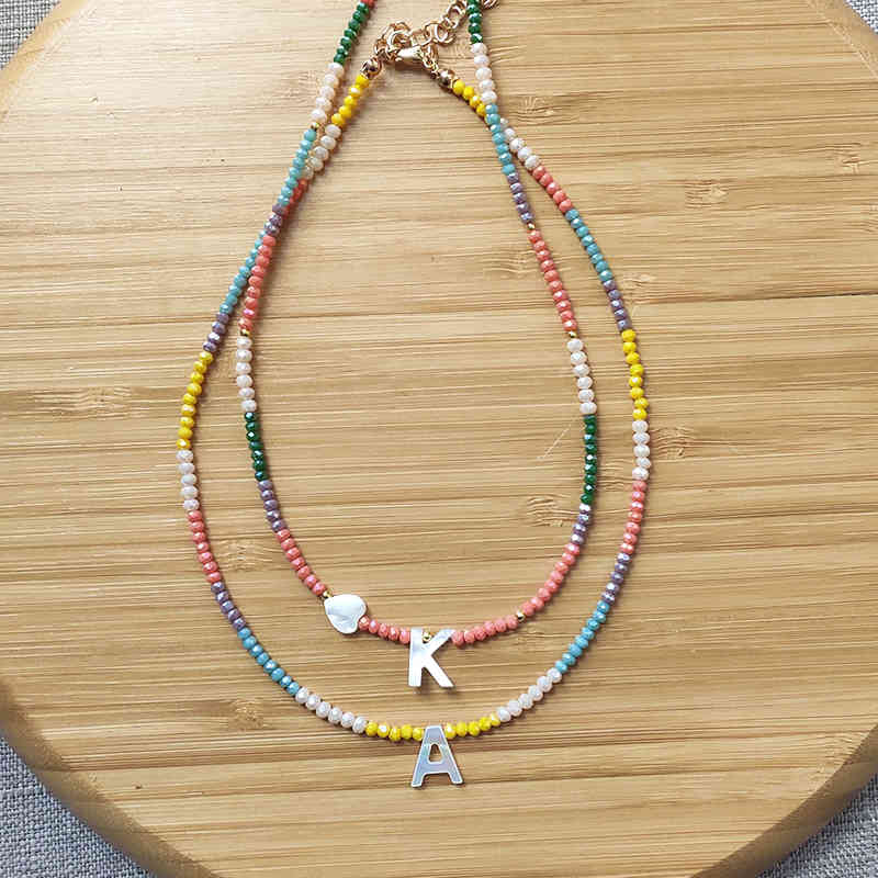 

Colorful Handmade Crystal Beads Necklace Fashion Shell Letter Pendant Name Choker for Women Rainbow Neck Accessories Undefined, Silver