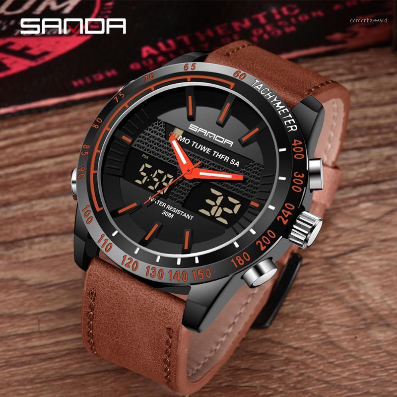 

Wristwatches SANDA Fashion Mens Watches 3ATM Waterproof Leather Wristwatch Men Military Quartz Watch Sport Relogio Masculino 77, Red