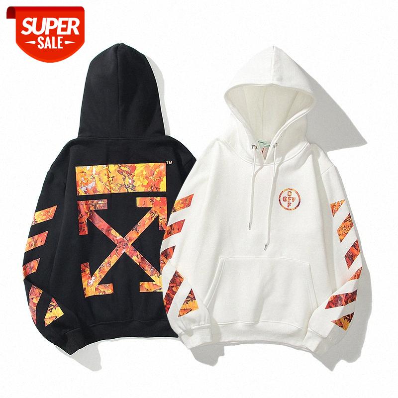 

20ss European and American tide brand OFF maple leaf arrow striped hooded sweater ins men women hip-hop loose plus velvet hoodie #W672, White