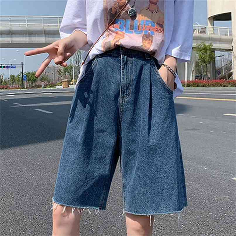 

High Waist Hole Tassels Slim Cyclist Denim Bermuda Shorts Jeans Summer Straight Casual Fashion Women Zipper 210722, Blue