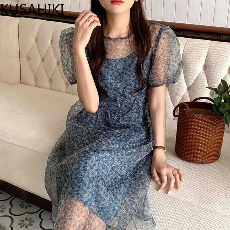 

KUSAHIKI Women Mesh Puff Sleeve Floral Dresses + Basic Sling Vestidos Femme Summer Korean Chic Slim Waist Dress 6J198 210602, Sets