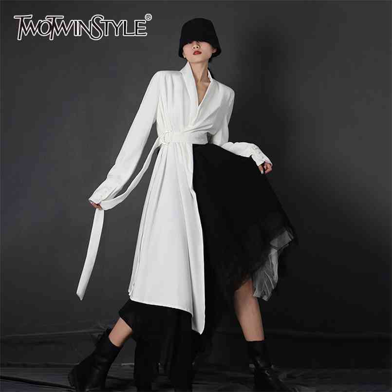 

White Jacket For Women V Neck Long Sleeve With Sashes Asymmetrical Coat Female Fashion Clothes Spring 210524