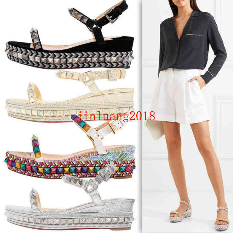 

2021SS Elegant Style Pyraclou Cataclou Summer Ladies Sandals Studs Red Bottom Women Wedge Sandals Famous Brand Dress Comfortable EU35-42, Black