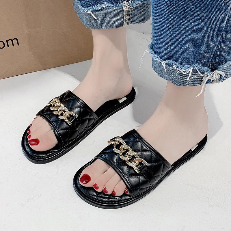 

Sandals 2021 Women Style Summer Shoes For Flat Rubber Metal Chain Leather Slides Plus Size Soulier Femme, Black