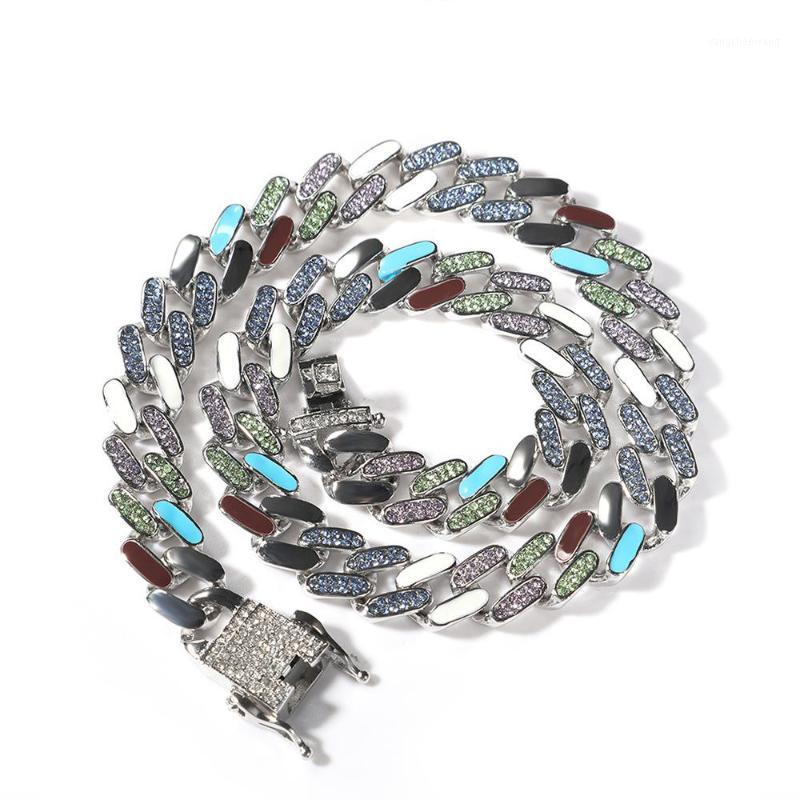 

Chains 12mm Colorful Crystal Rhinestones Miami Dripping Oil Curb Cuban Chain Choker Necklace Mens Silver Color Heavy Hiphop Jewelry