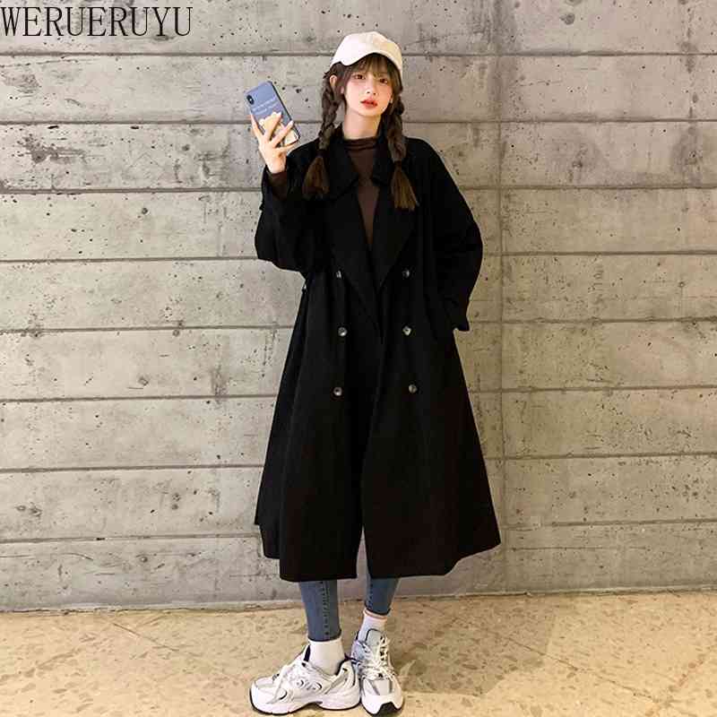 

WERUERUYU Spring And Autumn Fashion Women's Mid-length Trench Coat Long Double-breasted British Style Over-the-knee Khaki Coat 210608, Photo color
