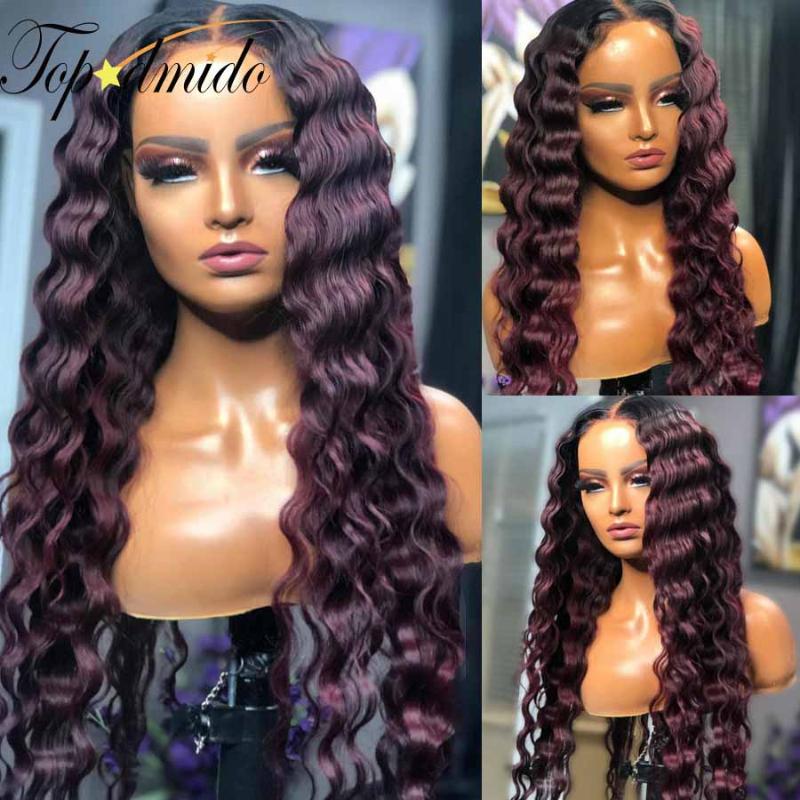 

Lace Wigs TOPODMIDO Deep Wave 13x4 Front Human Hair With Baby Ombre 99J Color Brazilian Remy For Women, Black;brown
