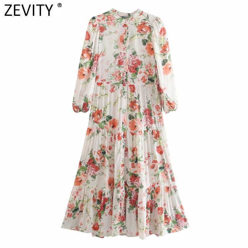 

Zevity Women Fashion Floral Print Pleats Single Breasted Shirtdress Female Three Quarter Sleeve Midi Vestido Chic Dresses DS8391 210603, As pic ds8391o