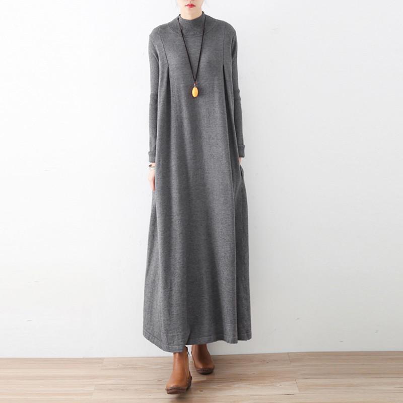 

Casual Dresses Autumn Winter Long Maxi Dress Brand Gray Blue Knit Asymmetric Sleeve Oversized Turtleneck Warm Thick, Black