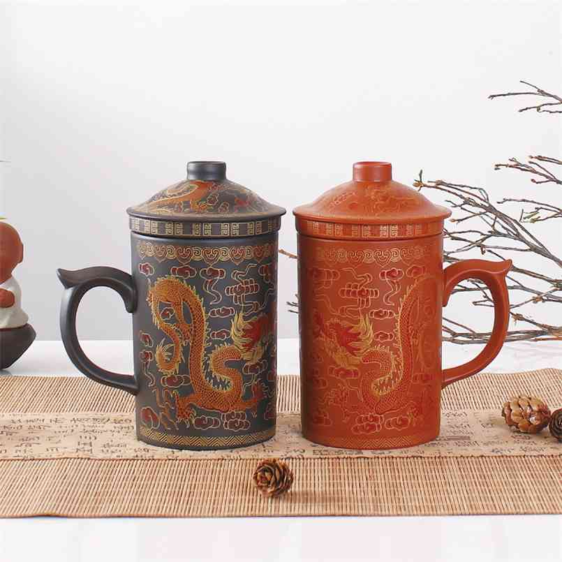 

Traditional Chinese Dragon Purple Clay Tea Mug with Lid Strainer Retro Handmade Yixing Tea Cup Zisha Teacup Gift Mug Tumbler 210827, Yellow