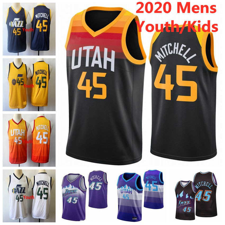 

Utah Jazz 2021 2022 Men Kids UtahJazzBasketball Jersey Donovan 45 Mitchell Jerseys Youth Authentic Stitched Vintage Golden Orange Black, Black;red
