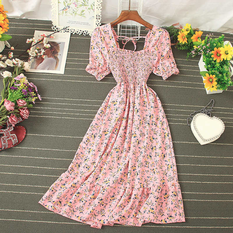 

Bohemian 2020 Summer Women Dress Elegant Short Puff Sleeve A-Line Square Collar Vestidos Verano Casual High Waist Floral Dress Y0603, Light pink