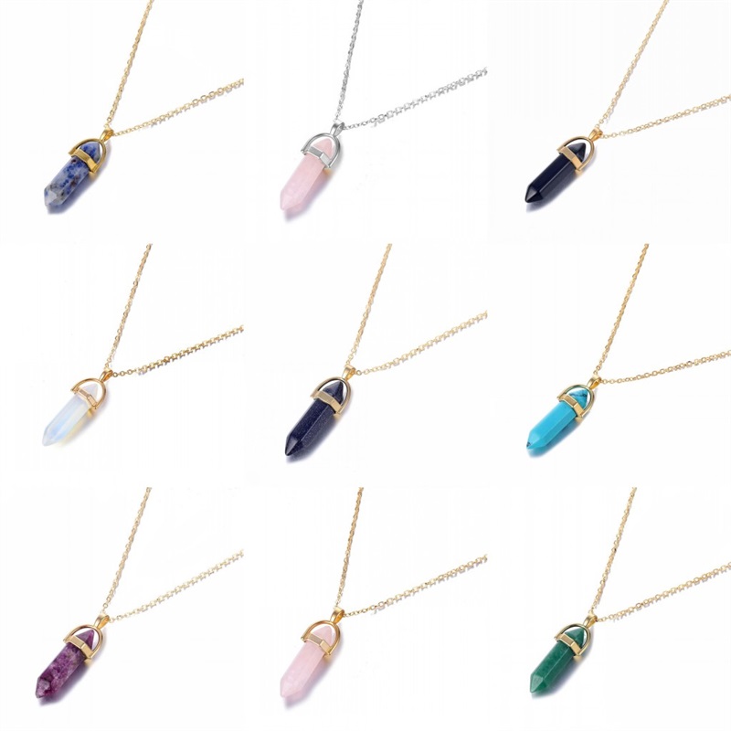 

Fashion Hexagonal Column Quartz Necklaces Pendants Gold Chain Natural Stone Crystal Pendant Necklace For Women Jewelry 807 R2