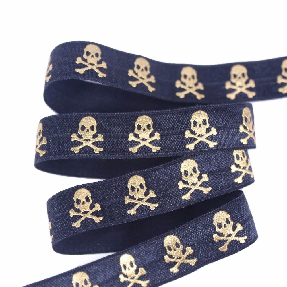 

100yards/lot Gold Foil Skull FOE Ribbon skeleton Fold Over Elastic Halloween series welcome custom design