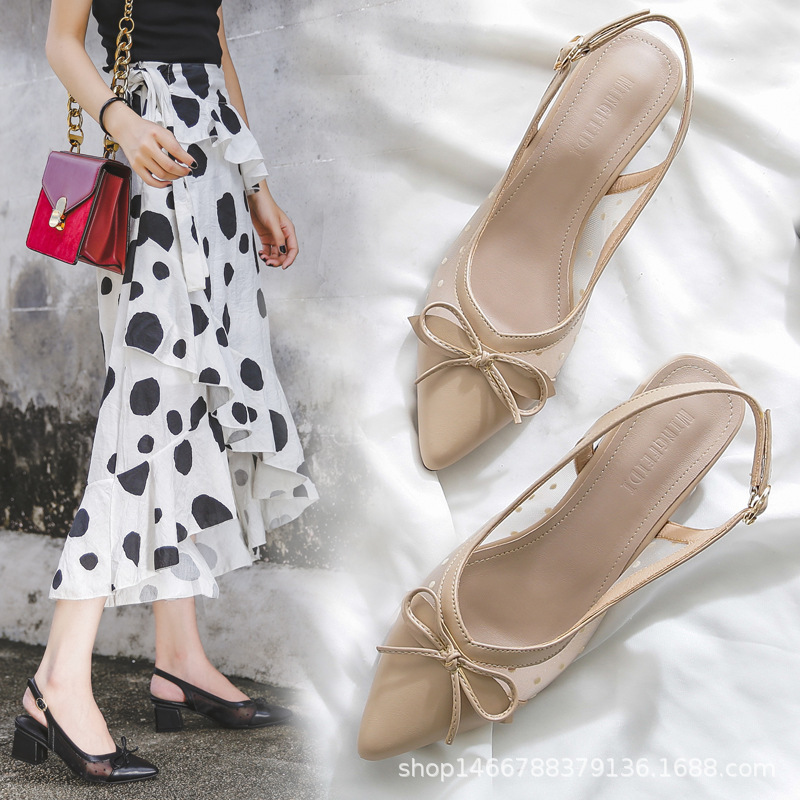 

Summer Women Sandals Ladies Pointed Toe Slingback Sexy Mesh Air Dots Elegant Thick High Heel Sandals Size 33~43 210520, 63918-1-beige
