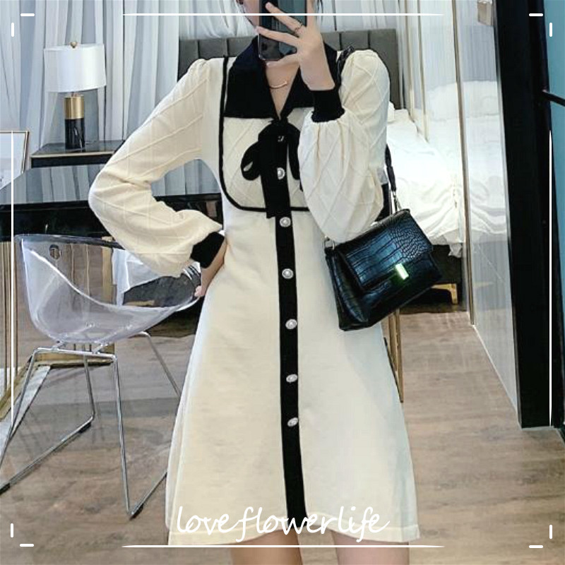 

Winter Sweater Dress Women Bow Casual Button Long Sleeve Elegant Office Knitted Dress Female Winter Dress Korean 210521, Apricot