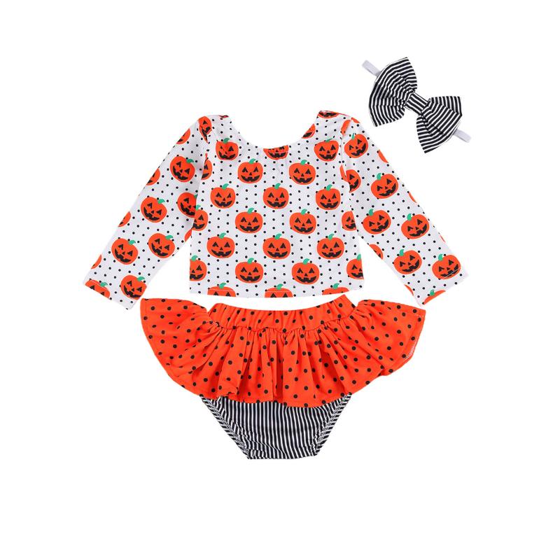 

Clothing Sets Halloween Baby Girls Boys Clothes 3pcs Pumpkin Print Long Sleeve Pullover Tops Striped Ruffles Shorts Headband, White