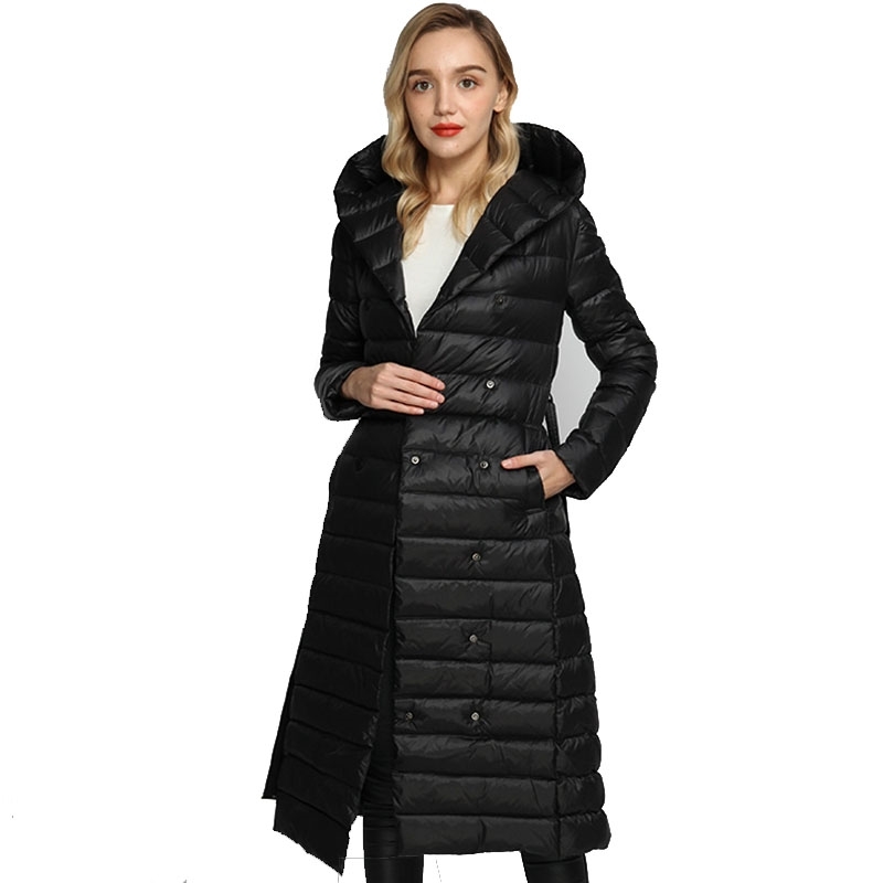 

Winter Down Jacket Female With Belt Bandage Hooded White Duck Puffer Coat Women Ultra Light Long Parka Ladies Outerwear 210602, Purple