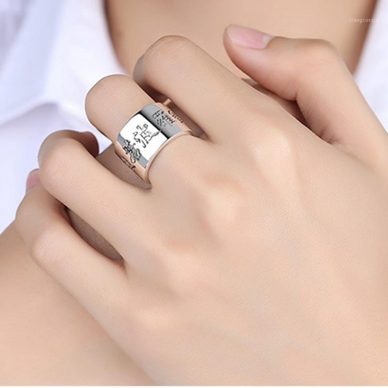 

Cluster Rings BOCAI Solid S999 Pure Silver Men Heart Ring Thai Six-character Mantra Buddhist Wide Version For Man, Golden;silver