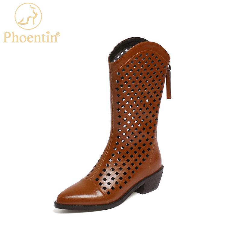 

Boots Mid-calf Hollow For Woman 2021 Spring Summer Cowgirl Western Shoes Designer Pointed Toe Chunky Heel 34-43 FT1558, Black