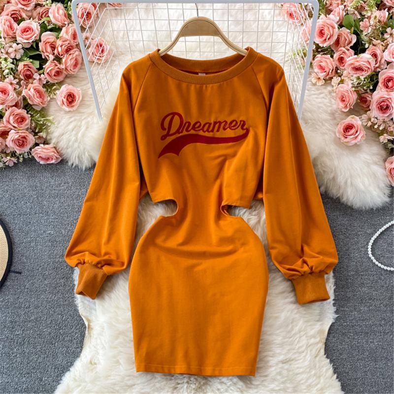 

Casual Dresses Fashion Hollow Out Letter Embroidery Women Autumn Dress Streetwear Ladies Sweatshirts Vestidos Female Clothes Ins, Black