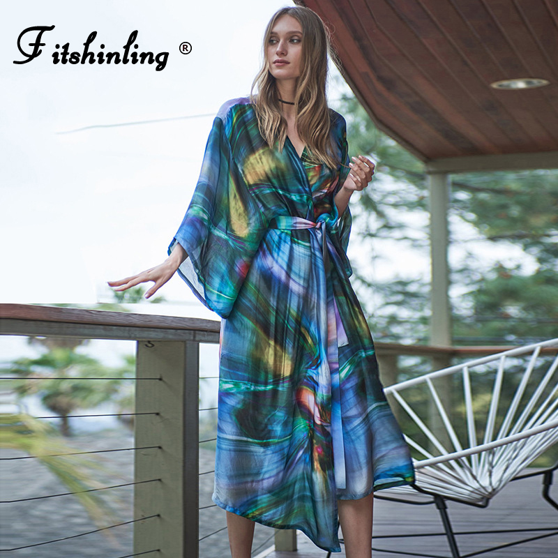 

Fitshinling Tie Dye Beach Cover Up Swimwear Holiday Bohemian Bikini Outing Big Sleeve Sheer Sexy Summer Long Cardigan Women New