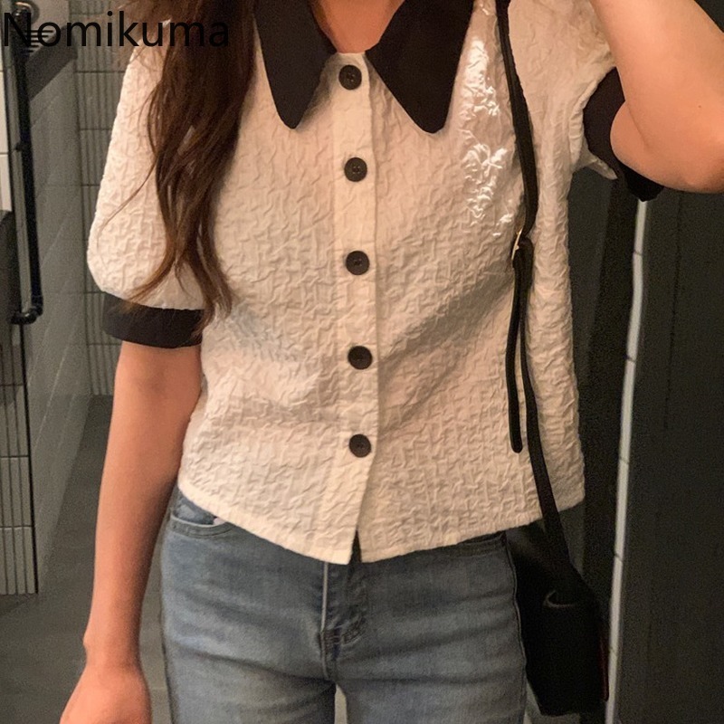 Nomikuma Korean Hit Color Women Blouses Puff Short Sleeve Peter Pan Collar Shirt Spring Summer Femme Blusas Mujer 6F306 210427