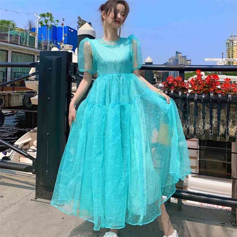 

Summer Dress Vintage Women Sweet O-Neck Puff Sleeve Pleated Big Swing Fairy Party es 210519, Photo color