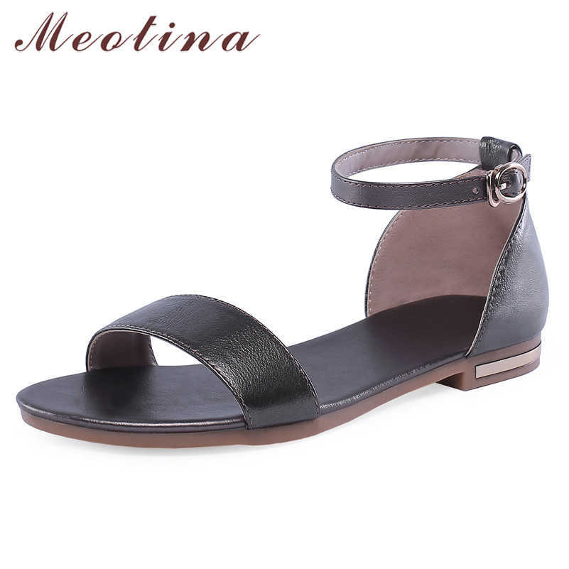 

Meotina Summer Sandals Women Shoes Natural Genuine Leather Flat Ankle Strap Shoes Real Leather Open Toe Sandals Lady Size 33-43 210608, Black