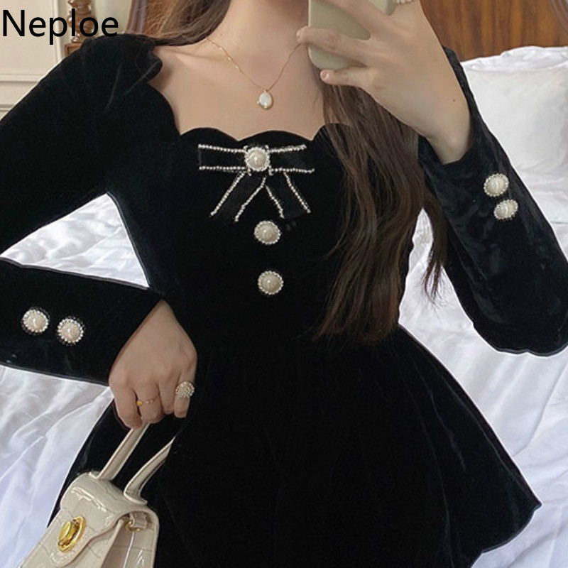 Neploe Blusas Mujer De Moda Autumn Clothes Square Collar Sexy Lady Shirt Slim Fit Velvet Lace Black Blouses Tops Female 210422