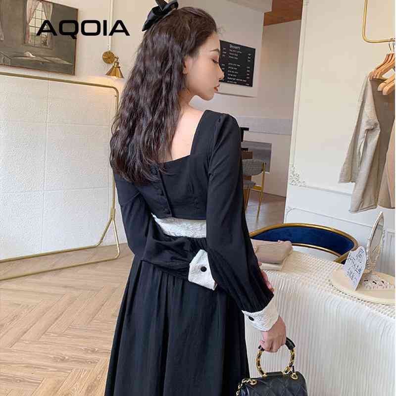 

Spring Fashion Vinage Hollow Out Women Dress V Neck Black Sexy Dresses Puff Sleeve Lace Empire Plus Size Ladies Robe 210521