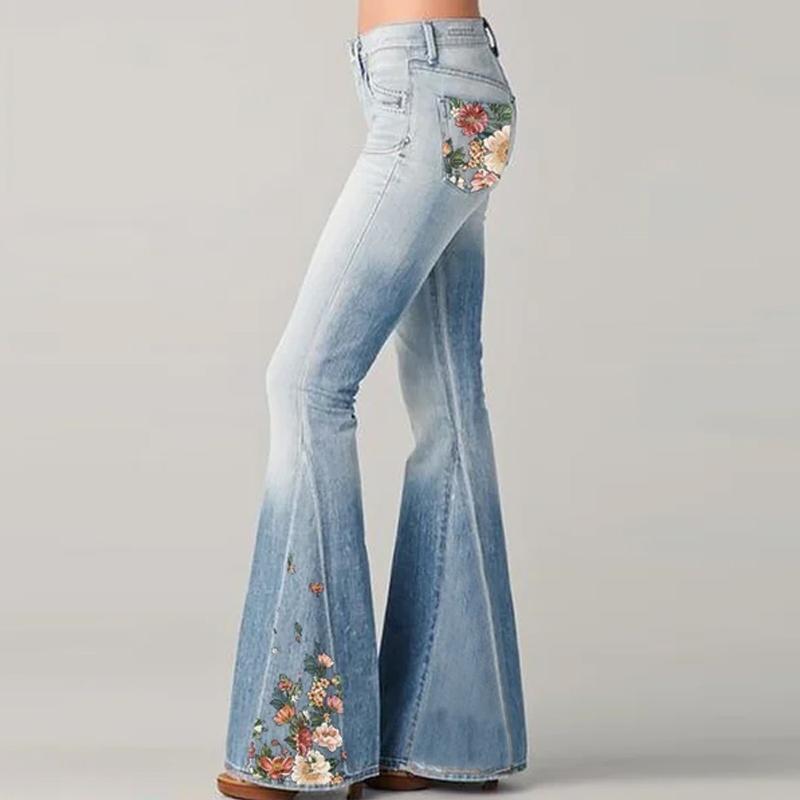 

Women' Jeans High Waist Blue Pants 2021 Fashion Embroidered Bell Bottoms Streetwear Spring Summer Lady