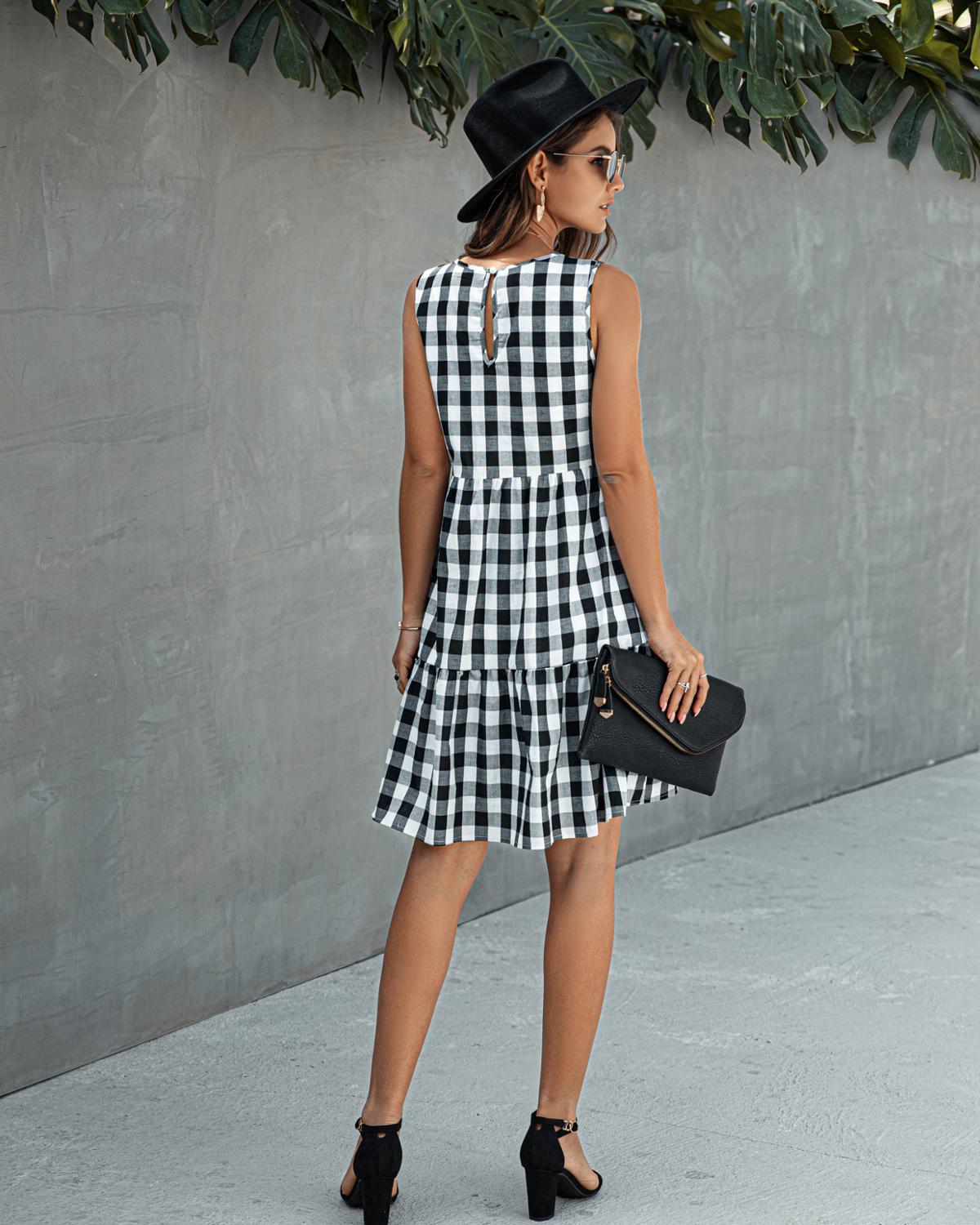 

20212021 spring women plaid dress classic black white plaid dresses women sleeveless summer dress red yellow blue plaid dress, Black;gray