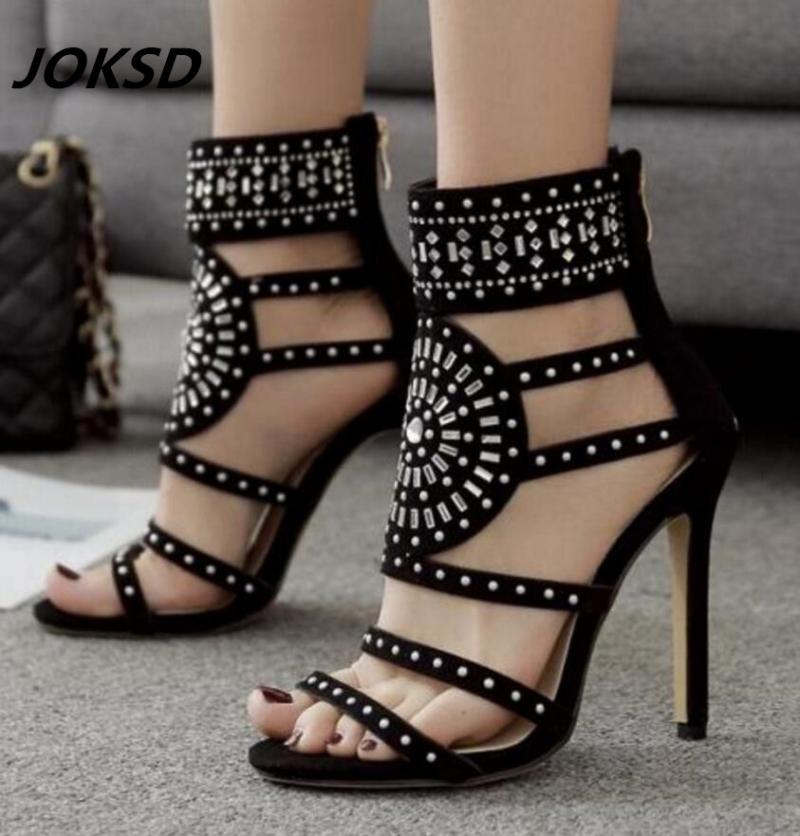 

Sexy PU Women Sandals Thin High Heels 11 CM Gladiator Rhinestone Cross Tied Fashion Summer Party Femme Shoes L34, Black