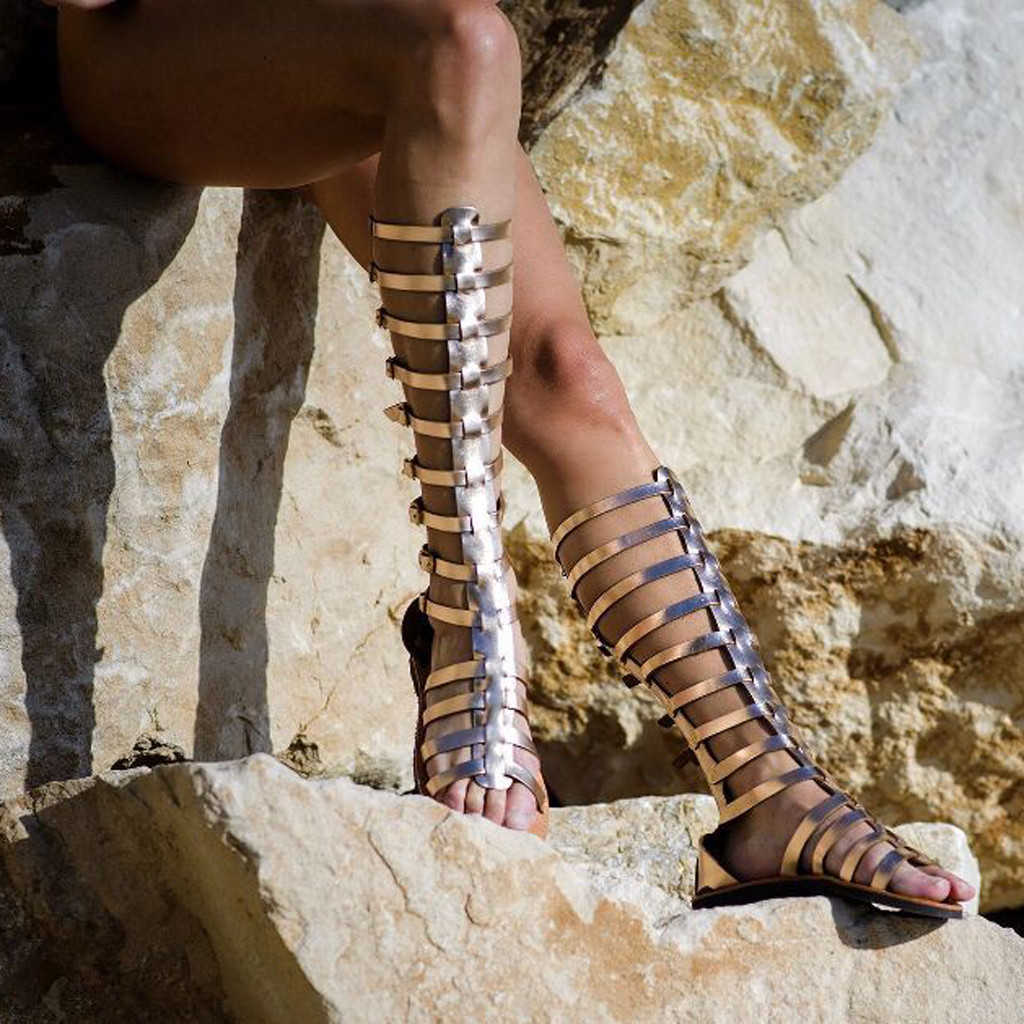 

2021 Summer Vintage Roman Sandals Leather Fashion Gladiator Knee High Top Flats Boots Sandles For Women Zapatos d3 Y0721