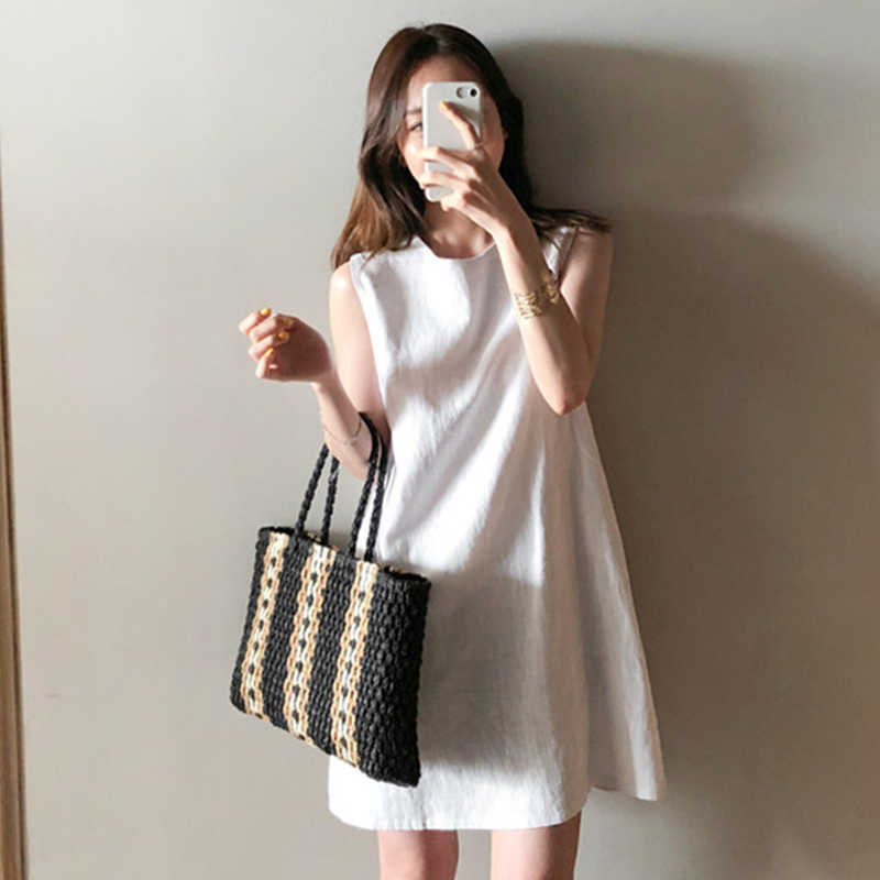 

Summer Women Dresses High Waist Sleeveless Casual Solid Multi Colors Zipper Cotton and Linen Mini Dress 210526, Picture color