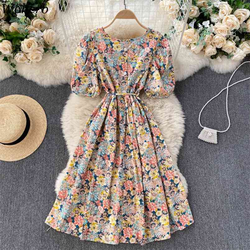 

Summer Floral Print Square Collar Women Midi Dress Elegant Short Sleeve Lace-up Slim Waist Ladies A-line Vestidos 210519, Blue