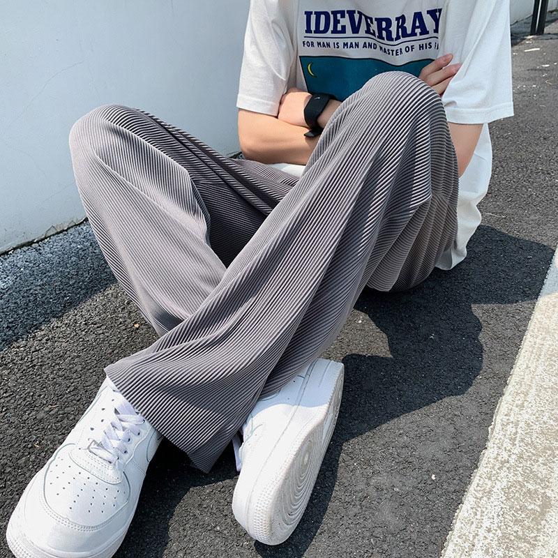 

Men's Pants Summer Thin Ice Silk Casual Men Pleated Trendy Long Wide-leg Drape Loose Elasticity Straight Couple Trousers, Gray