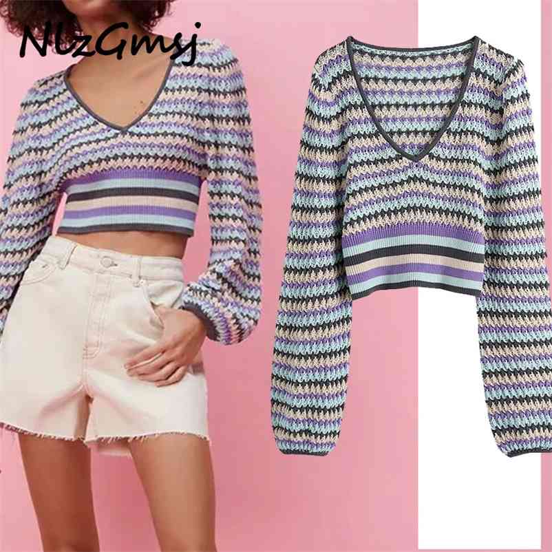 

Sweater Women Arrival V-neck Loose Long Puff Sleeve Pullovers Knitting Jumper 04 210628, As picture