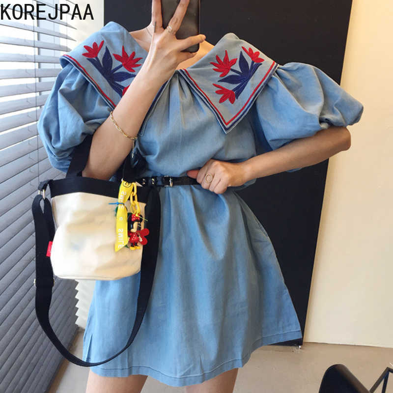 

Korejpaa Women Dress Korea chic summer Vintage big Lapel Embroidery Flower A-line bubble sleeve dress short skirt Woman 210526, Light blue
