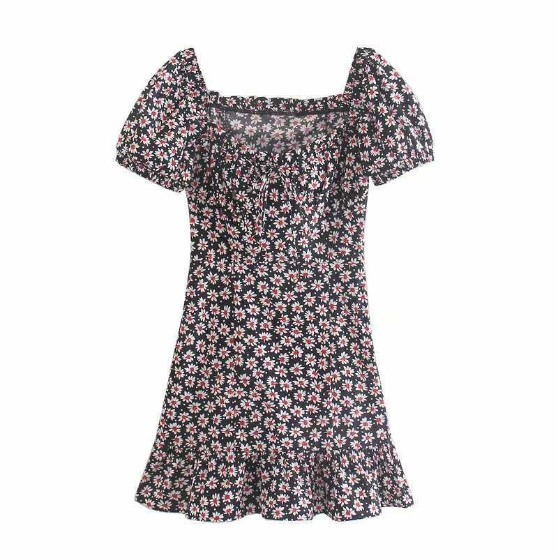 

Summer Women Floral Dress Short Puff Sleeves Casual Fashion Vintage Elegant Lady Woman Short Dress 210709