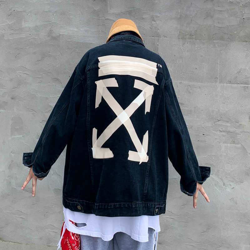 

Off 20ss white paint bronzing tape arrow denim ow men's and women's casual jacket, Black
