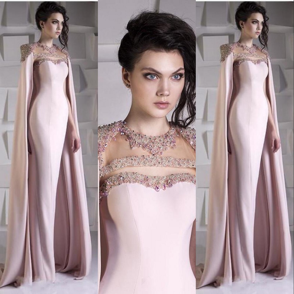 

2021 Arabic Dubai Mermaid Baby Pink Prom Dresses for Women Jewel Neck Crystal Beaded With Cape Wraps Floor Length Evening Dress Party Gowns, Purple