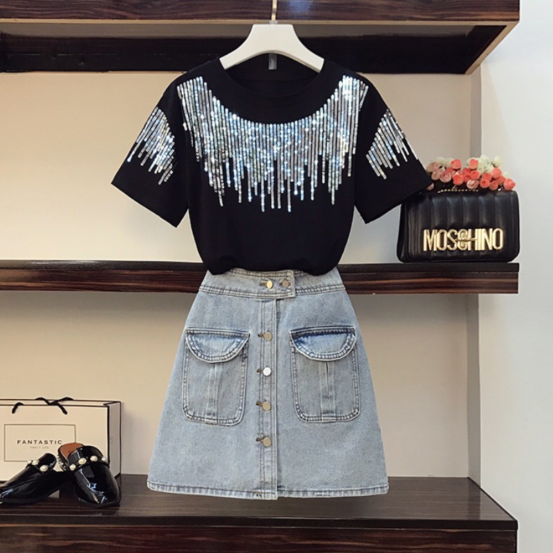 

Plus Size L-4XL Summer Office Ladies 2 piece set Sequined Short Sleeve T-Shirt Top And High Waist A-Line Denim Skirt Suit 210518, Photo color