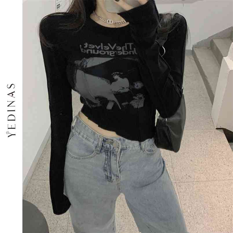 

Yedinas Sexy Slim Long Sleeve Crop Top Grunge Letters Print Hypotenuse Design Asymmetrical Chic T Shirts Punk Style Streetwear 210708, Black