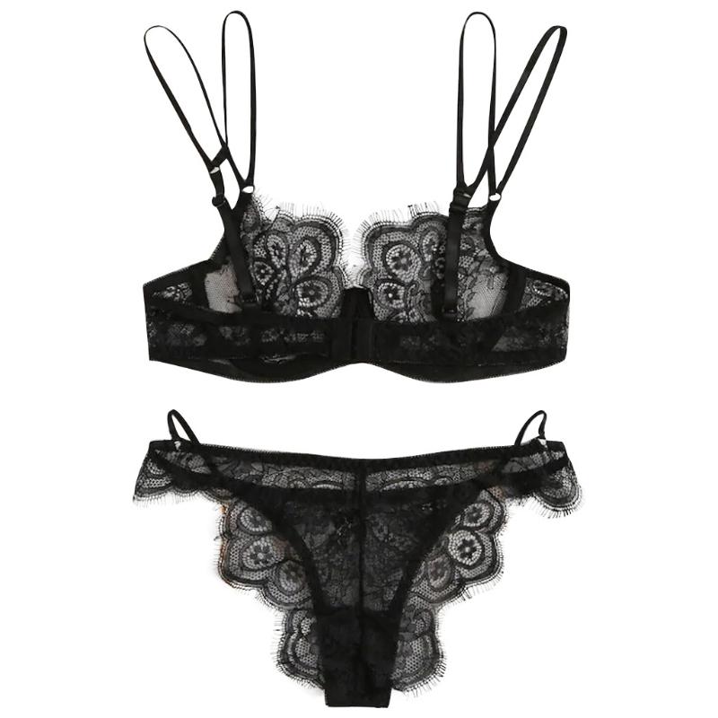 

Bras Sets Women Lace Bra And Panty Set Sexy Lingerie Patchwork Transparent Underwear Sleepwear Lengerie Femenina Sexi, Black