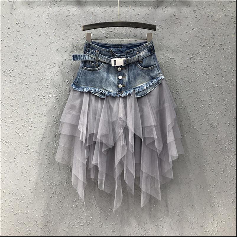 

denim tulle asymmetrical mesh womens skirt patchwork pocket empire pleated midi tassel streetwear short jean, Black