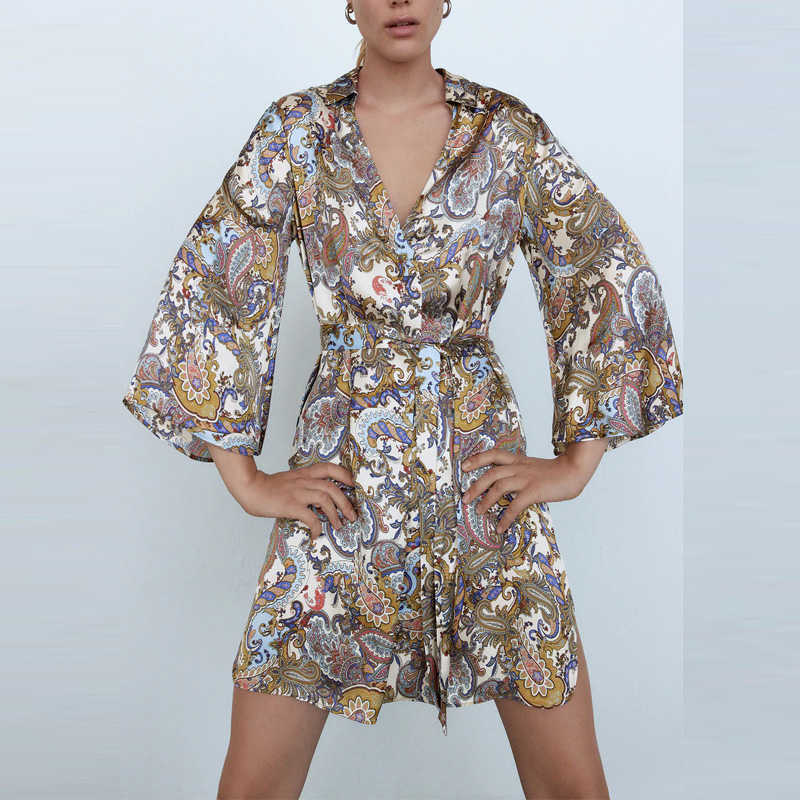 

Za Belt Floral Mini Dress Women Print Vintage Kimono Dress Side Vents Hem Female Lapel Collar Long Sleeve Party Dresses 210602, As picture