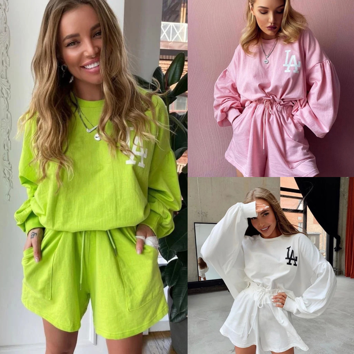 

2021 European and American spring and summer new foreign trade women's clothing Printing loose long sleeve shorts fashion casual sweater set, Customize